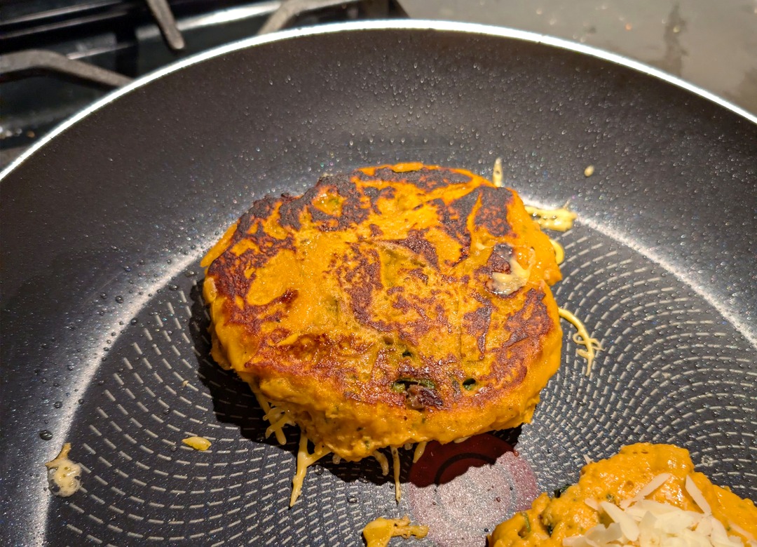 The pocket getting its crust in the skillet